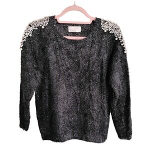Mizumi Black Fuzzy Pearl Shoulder Sweater‎ Women's M Shaggy Knit Sparkle Party